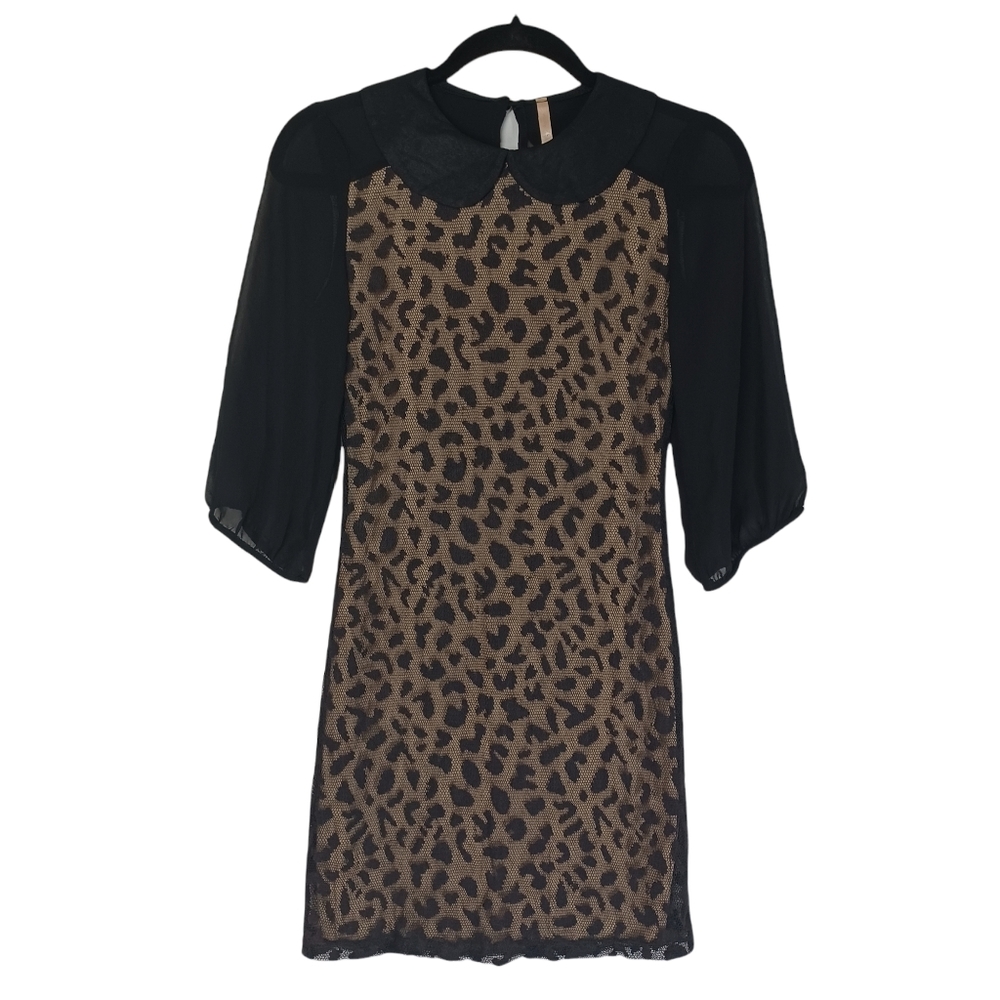 POEMA Black Lace Peter Pan Collar Sheer Sleeve Animal Print Brown Dress S